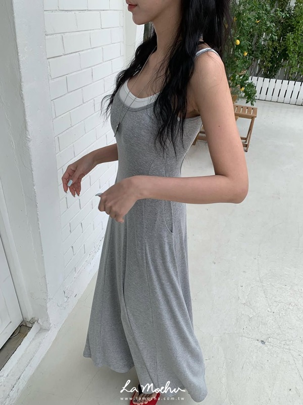 假兩件美背罩杯長洋裝